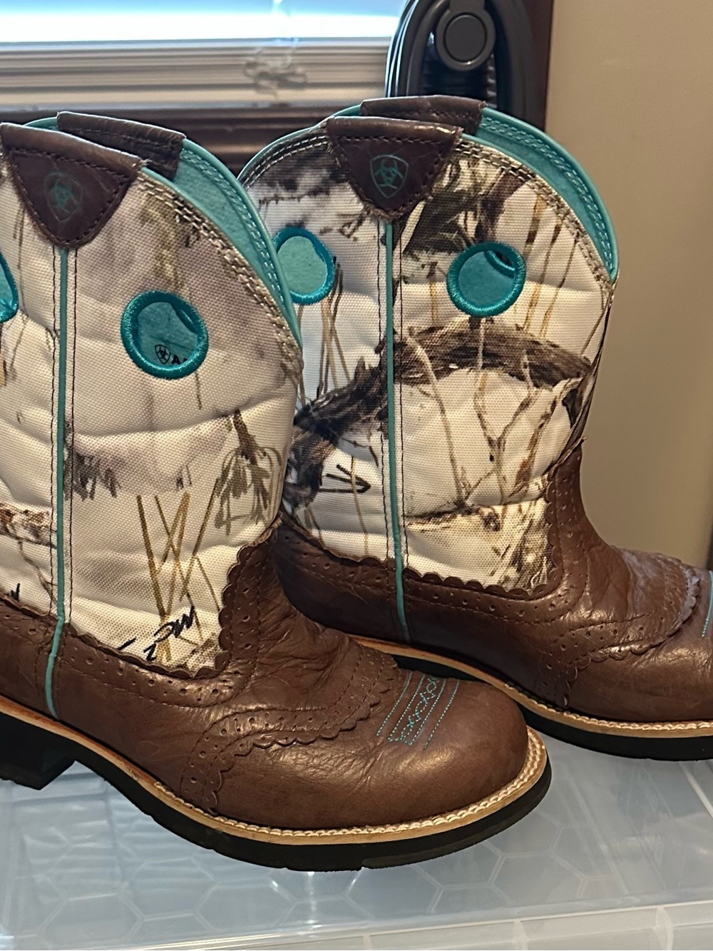 Ariat Brown Leather Heeled Boots with Teal Accents